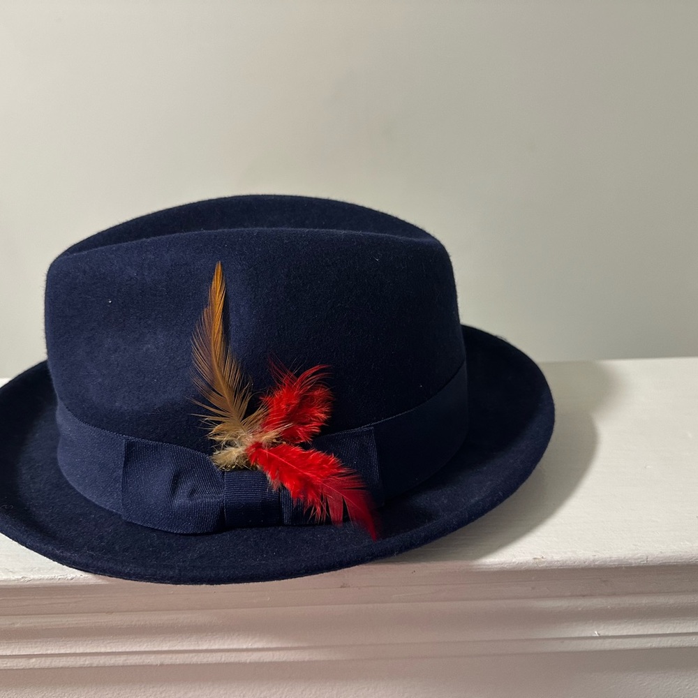 Navy Blue Fedora with Red Feather Accent